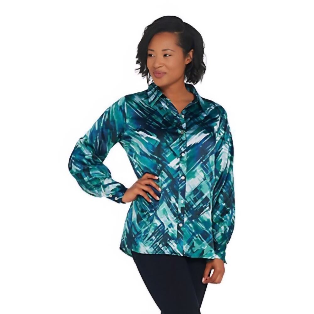 Dennis Basso Printed Stretch Charmeuse Button Front Top Dark Teal Plus Size 22W